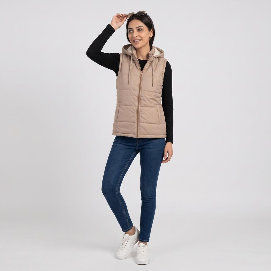 Women's Beige Hooded Puffer Jacket, गहरा पीला, large
