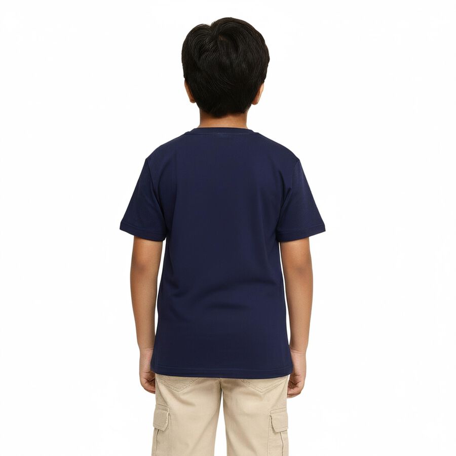 Boys Deep Midnight Navy Blue Cotton Crew Neck Casual T-Shirt, मध्यम नीला, large image number null