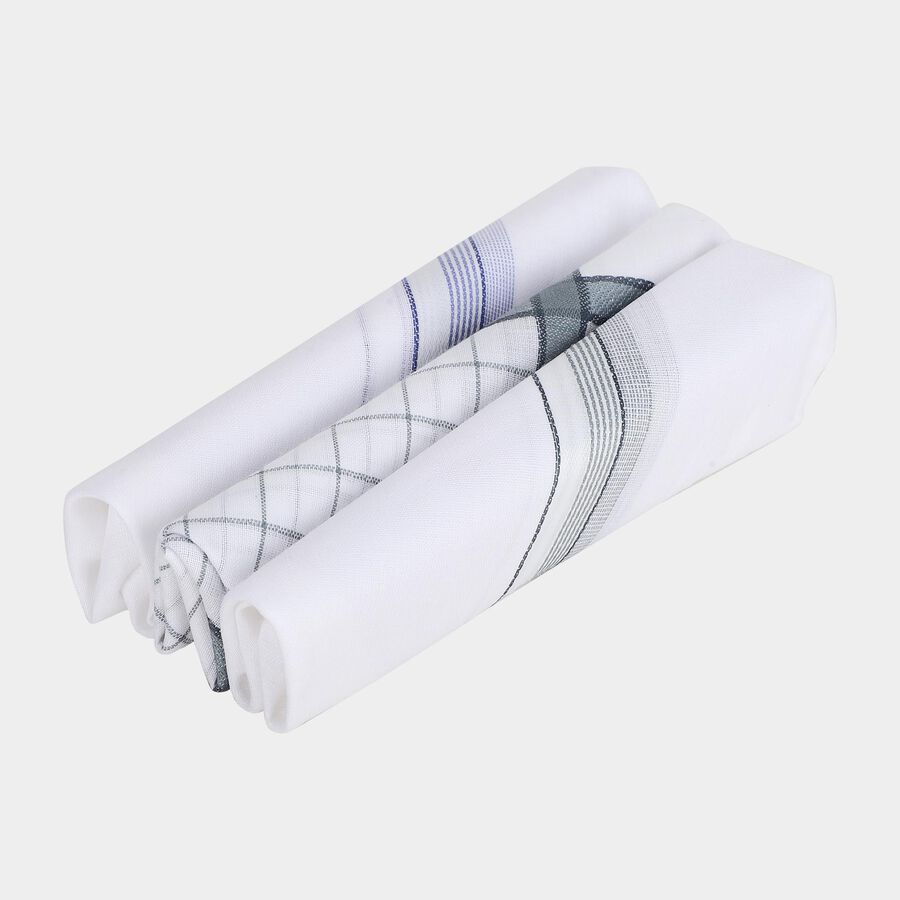 Men's White Striped and Checked Pack of 3 Handkerchief, हल्का ग्रे, large