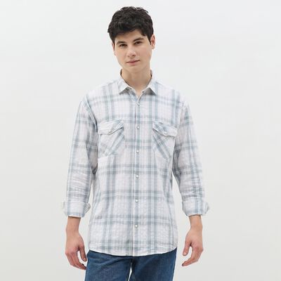 Men's Soft Eggshell White Cotton Checkered Casual Shirt