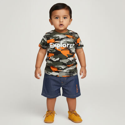 Infants' Olive Cotton Round Neck Camouflage Baba Suit