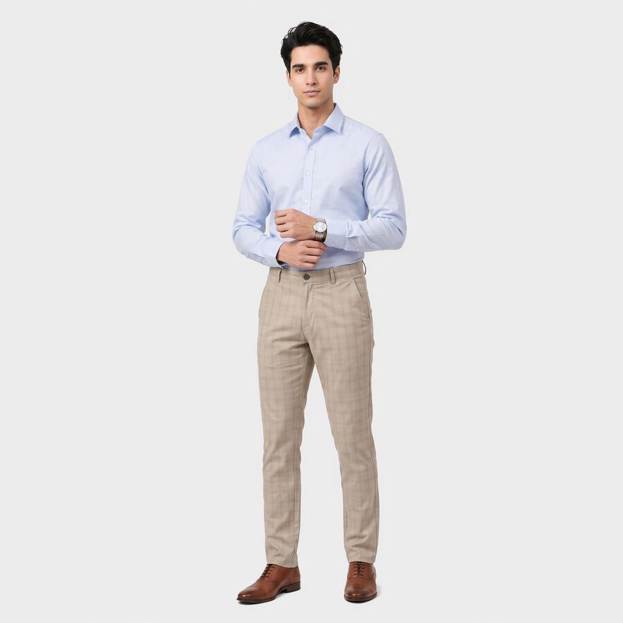 Men's Light Grey Slim Fit Checked Casual Trousers, Light Grey, large