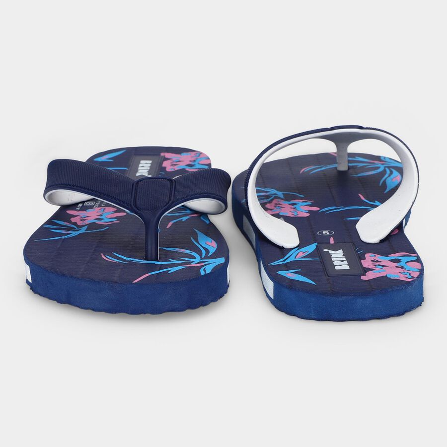 Women's Navy Blue Floral Print Flip-Flops, गहरा नीला, large