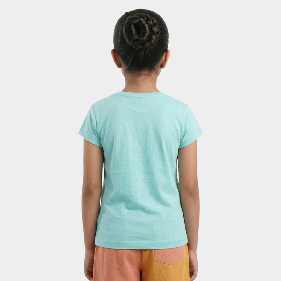 Girls' Teal Round Neck Casual T-Shirt, एक्वा, large