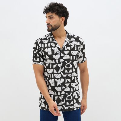 Men's Dusty Charcoal Black Cotton Half Sleeve Cuban Collar Casual Shirt