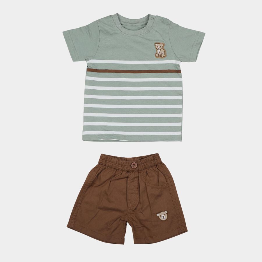 Infants' Light Green Cotton Round Neck Striped Baba Suit, Light Green, large