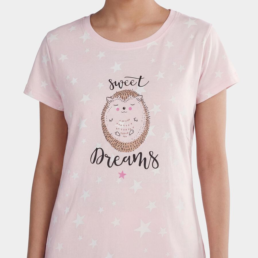 Women's Pink Cotton Round Neck Casual Nighty, Light Pink, large