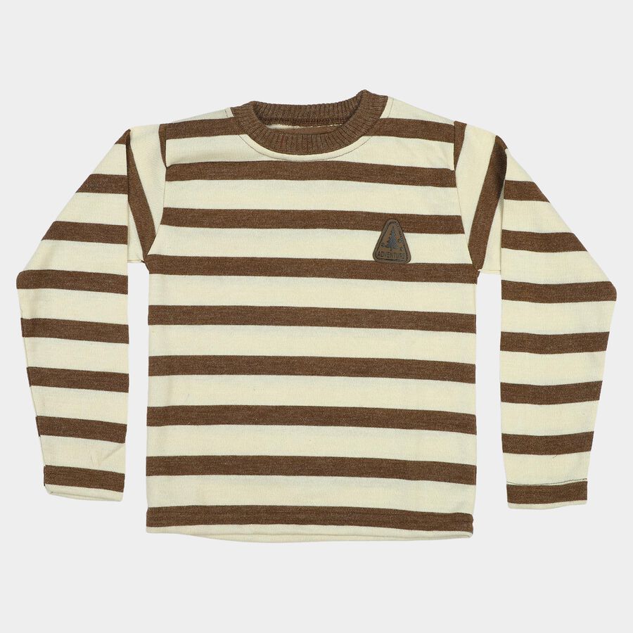 Boys' Brown Crew Neck Striped Pullover, Brown, large