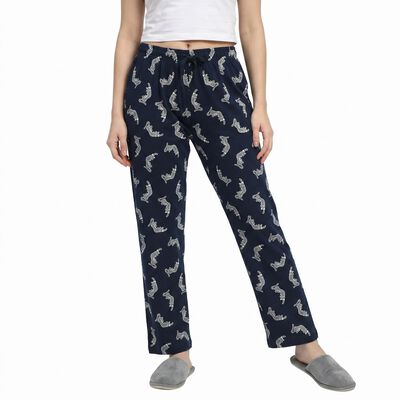 Women's Navy Blue Straight Fit Animal Printed Pyjama
