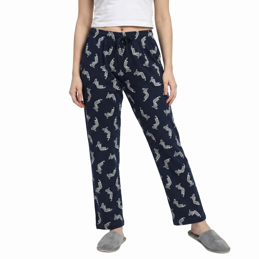 Women's Navy Blue Straight Fit Animal Printed Pyjama, Navy Blue, large