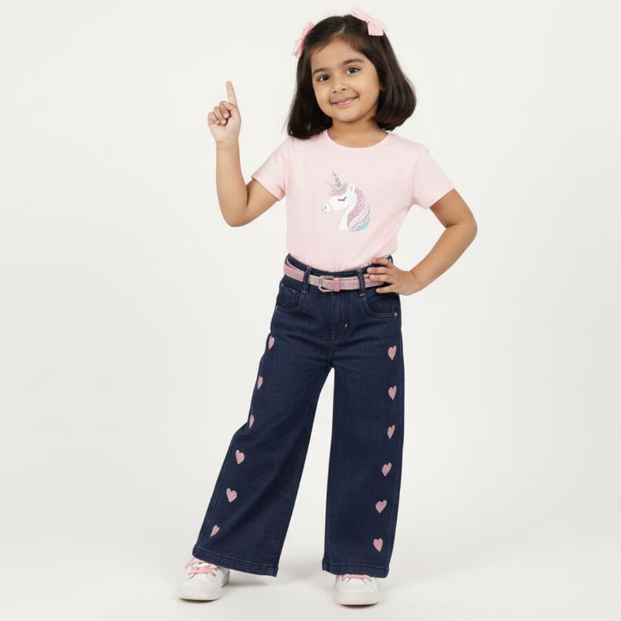 Girls' Dark Indigo Wide Leg Printed Jeans, Dark Blue, large image number null