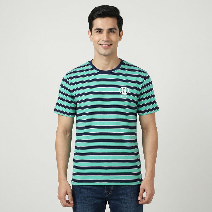 Men's Blue Round Neck Casual T-Shirt, Aqua, large