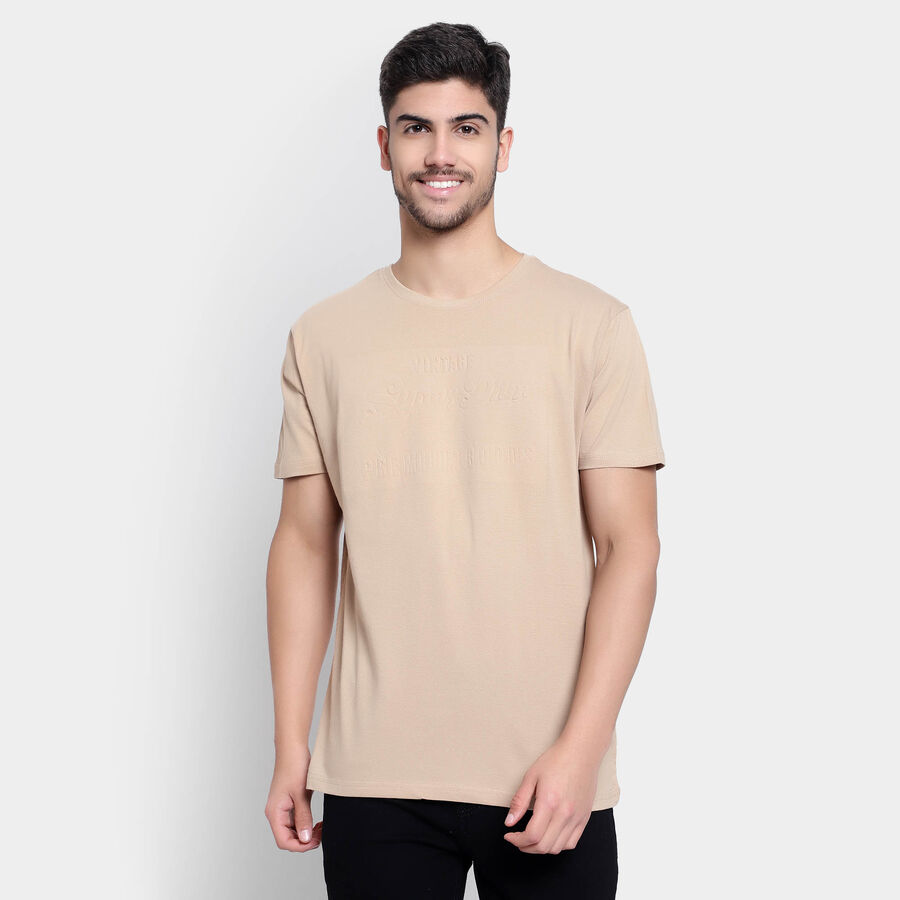Cotton Solid Round Neck T-Shirt, Beige, large image number null