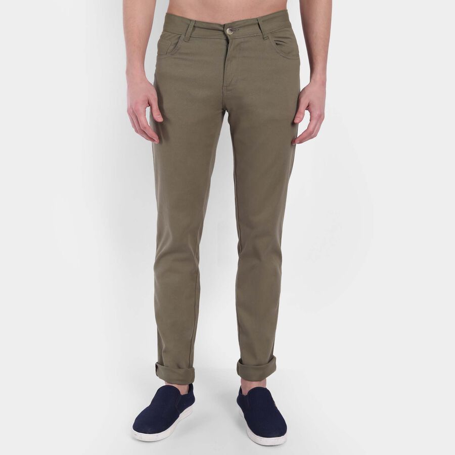Solid Slim Fit Casual Trousers, Olive, large image number null