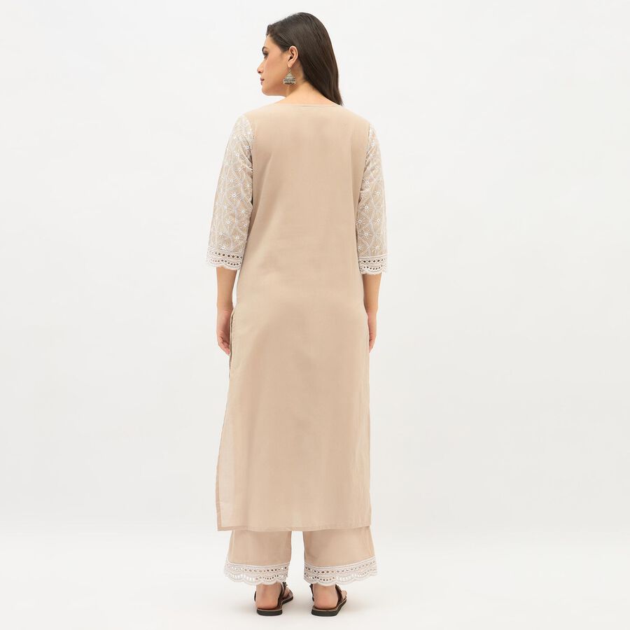 Women's Muted Beige Round Neck Embroidered Kurta, गहरा पीला, large