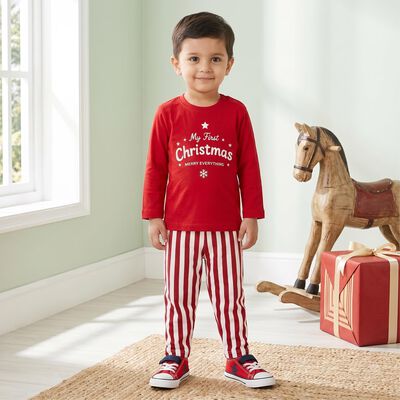 Infants' Red 100% Cotton Round Neck Graphic Print Baba Suit