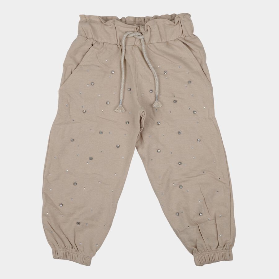 Girls Beige Embellished Cotton Blend Pyjama, Beige, large