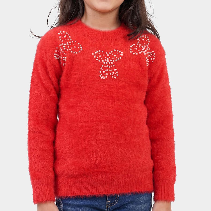 Girls' Red Crew Neck Embellished Pullover, Red, large
