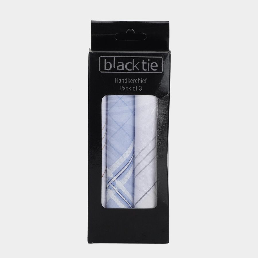 Men's Mid Blue Checked and Striped Pack of 3 Handkerchief, मध्यम नीला, large