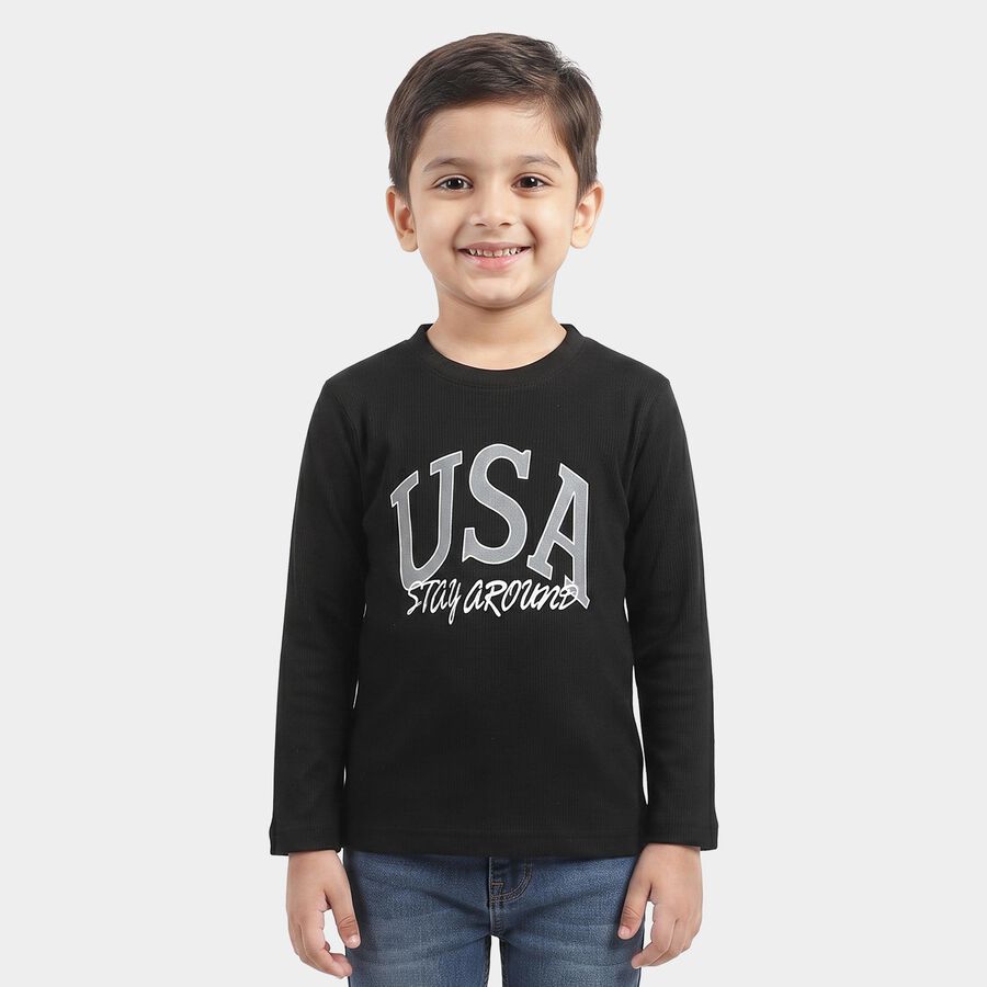 Boys Black Round Neck Regular Boys T-Shirt, Black, large