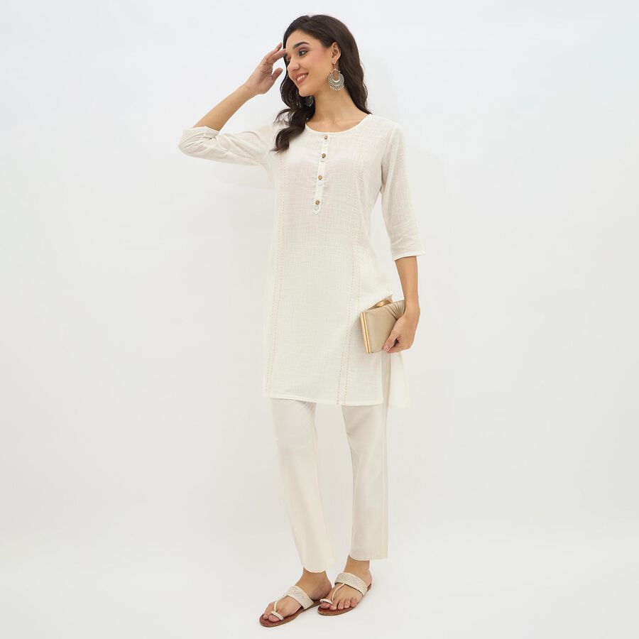 Women's Ivory White Cotton Round Neck Printed Kurta, ऑफ व्हाइट, large image number null