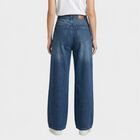 Women's Blue Wide Leg Fit Faded Jeans, गहरा नीला, small