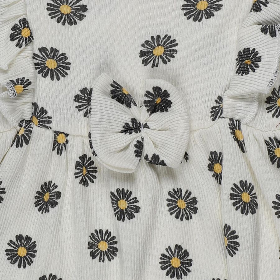 Infants' White Daisy Print Ruffle Sleeve Cotton Frock, Off White, large