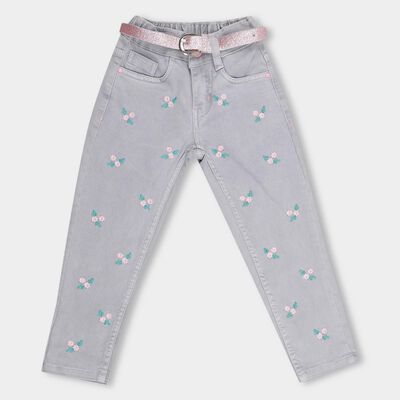Girls' Light Grey Regular Fit Embroidered Jeans