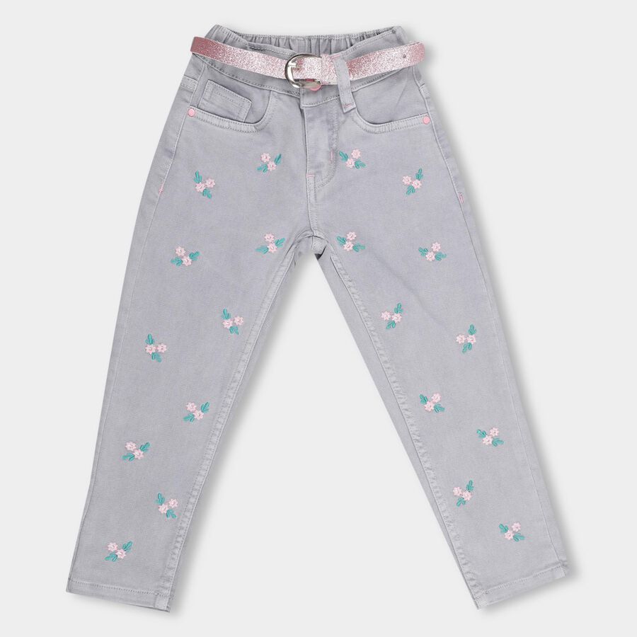 Girls' Light Grey Regular Fit Embroidered Jeans, Light Grey, large image number null