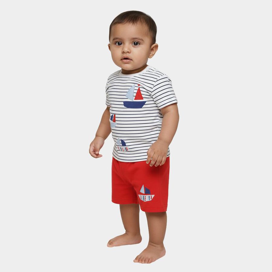 Infants' Red Cotton Round Neck Nautical Baba Suit, Red, large
