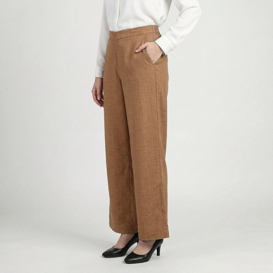 Women's Beige Regular Fit Solid Trousers, गहरा पीला, large
