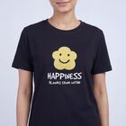 Women's Black Cotton Round Neck Casual T-Shirt, काला, small