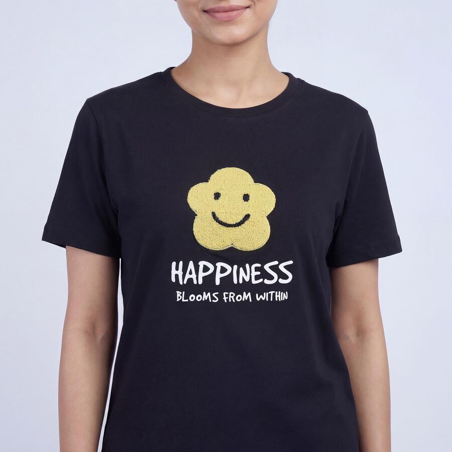 Women's Black Cotton Round Neck Casual T-Shirt, काला, large