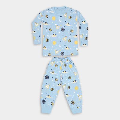 Boys' Light Blue Cotton Round Neck Printed Baba Suit