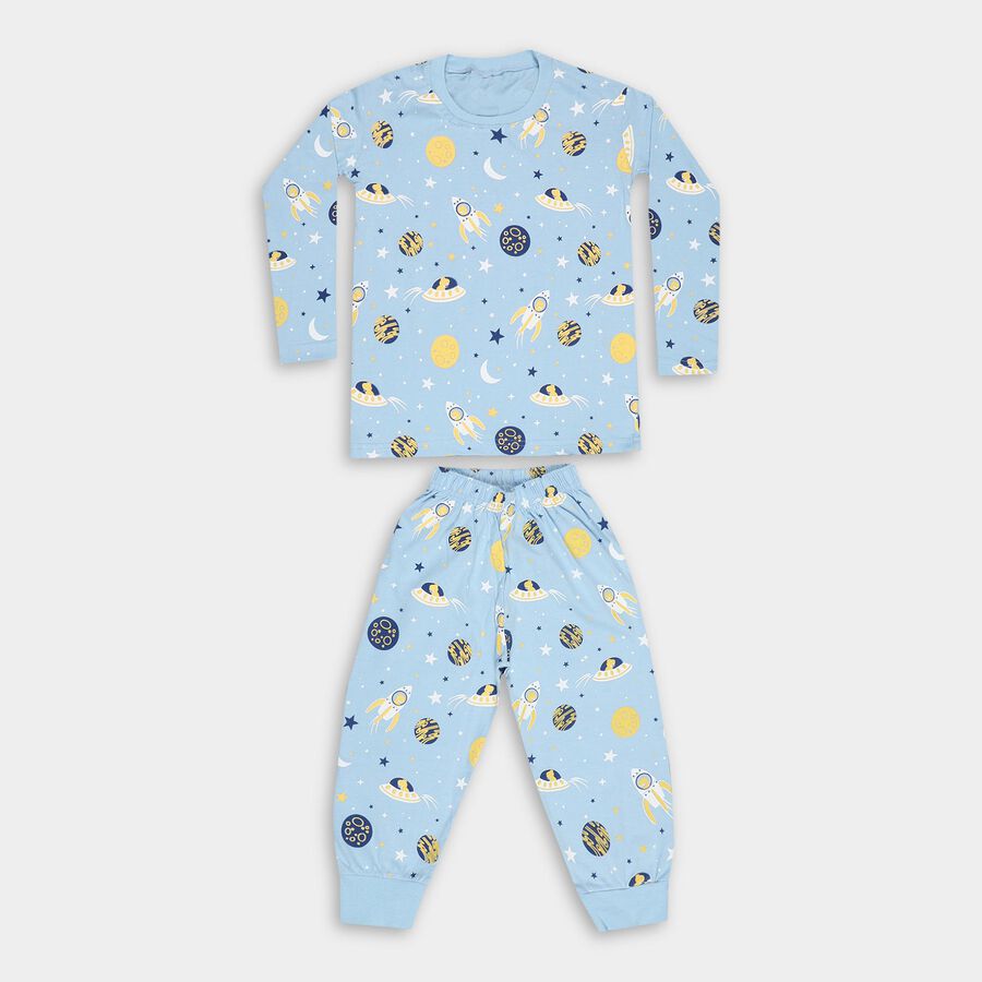 Boys' Light Blue Cotton Round Neck Printed Baba Suit, Light Blue, large image number null