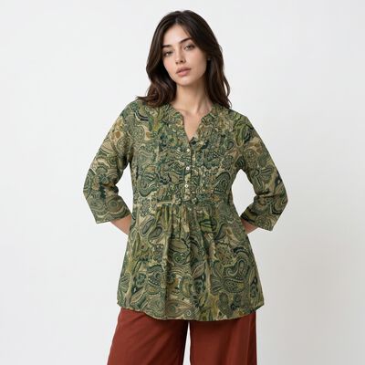 Women's Olive Green V-Neck Printed Kurti