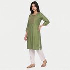 Women's Olive Green Round Neck Embroidered Kurta, हल्का हरा, small