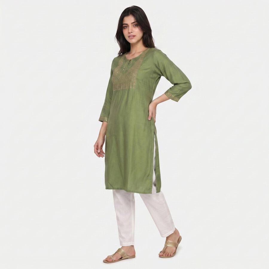 Women's Olive Green Round Neck Embroidered Kurta, हल्का हरा, large