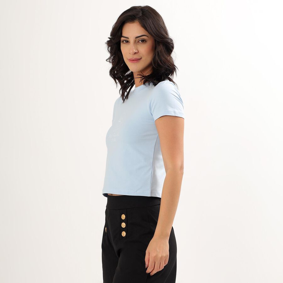 Women's Light Blue Round Neck Crop Top, हल्का नीला, large image number null