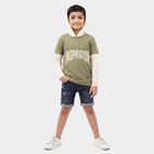 Boys Olive Green Cotton Blend Hooded Neck Regular Boys T-Shirt, Olive, small