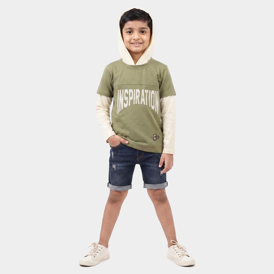 Boys Olive Green Cotton Blend Hooded Neck Regular Boys T-Shirt, Olive, large