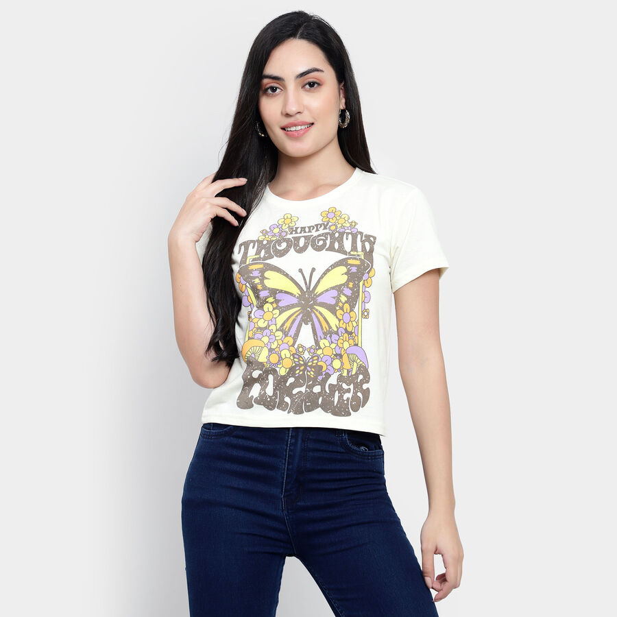 Round Neck T-Shirt, ऑफ व्हाइट, large image number null