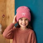 Girls' Pink Embroidered Bow Beanie Cap, गुलाबी, small