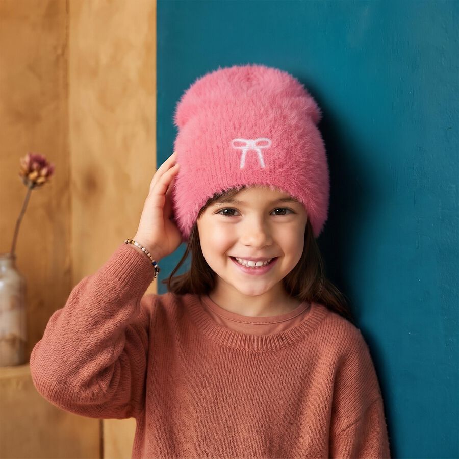 Girls' Pink Embroidered Bow Beanie Cap, गुलाबी, large