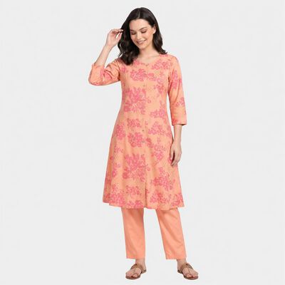 Women's Peach Floral Printed Ethnic Set