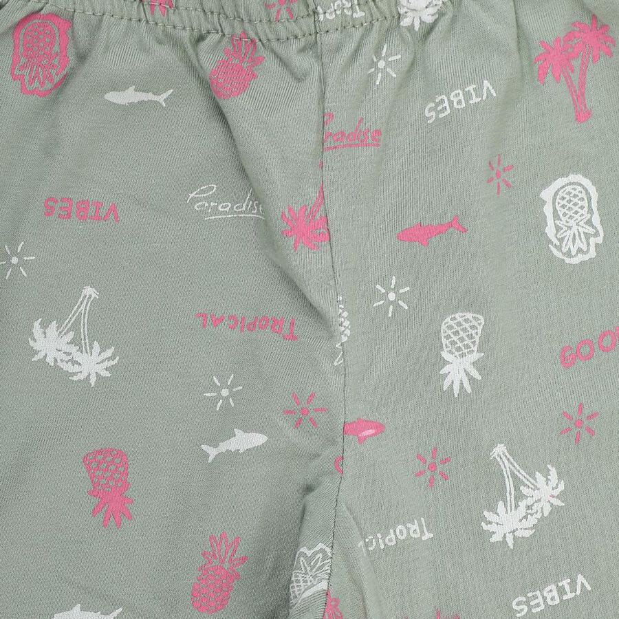 Girls' Olive Green Regular Fit Tropical Printed Pyjama, Light Green, large
