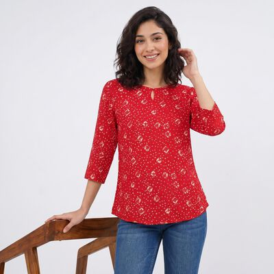 Women's Fuchsia Round Neck Printed Straight Kurti