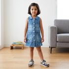 Girls' Blue Shirt Style Sleeveless Button Front Frock, मध्यम नीला, small