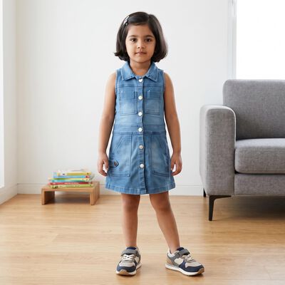 Girls' Blue Shirt Style Sleeveless Button Front Frock