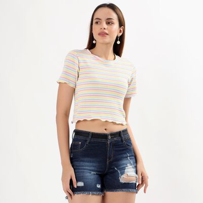 Women's Pastel Yellow Round Neck Casual Crop T-Shirt